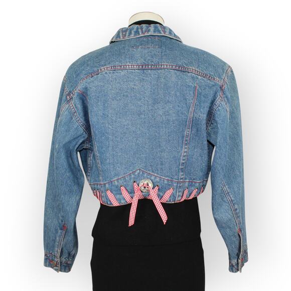 Vintage M/L HystericEtVous Crop Denim Jean Jacket Western Red Gingham Cowgirl - Picture 7 of 16